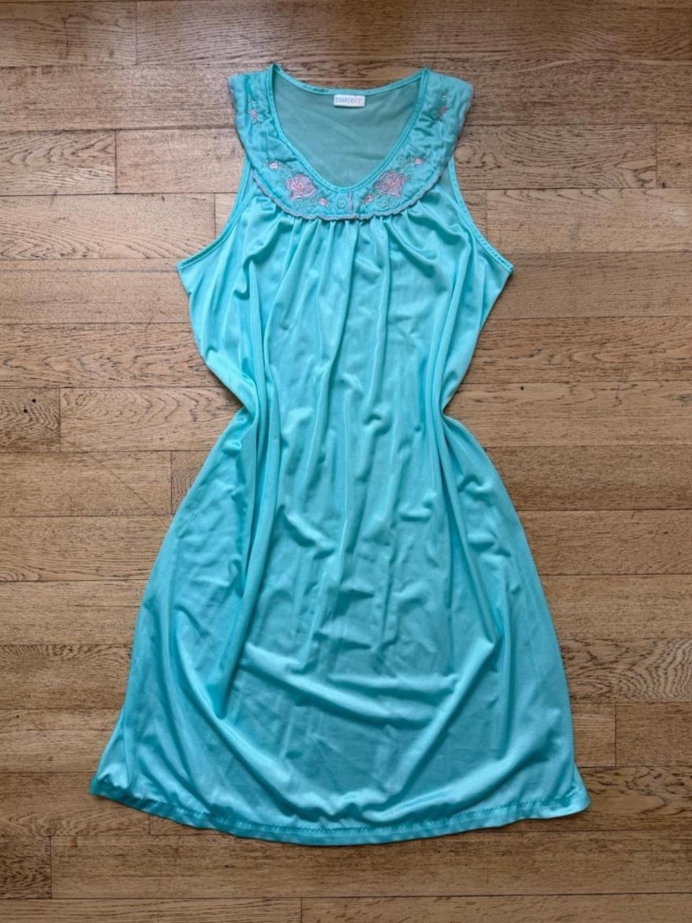 Vintage Aqua Satin Embroidered Slip Dress Fairycore Romantic Lingerie Babydoll